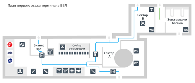 Схема терминала внутренних авиалиний аэропорта Волгоград (1 этаж)